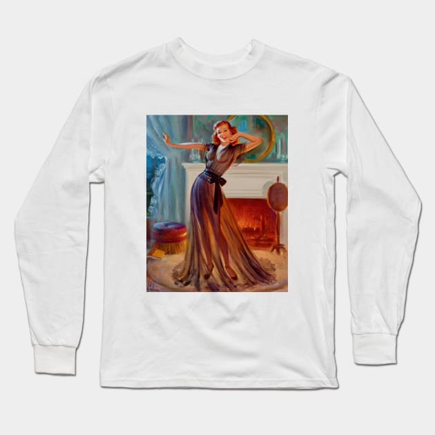 Vintage Art Frahm Pinup: Girl in Lingerie in Front of the Fireplace Long Sleeve T-Shirt by Jarecrow 